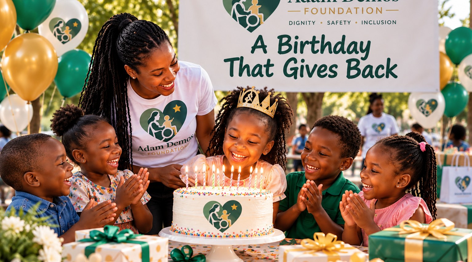Children celebrating a birthday with a cake and balloons at an Adam Demos Foundation charity event.
