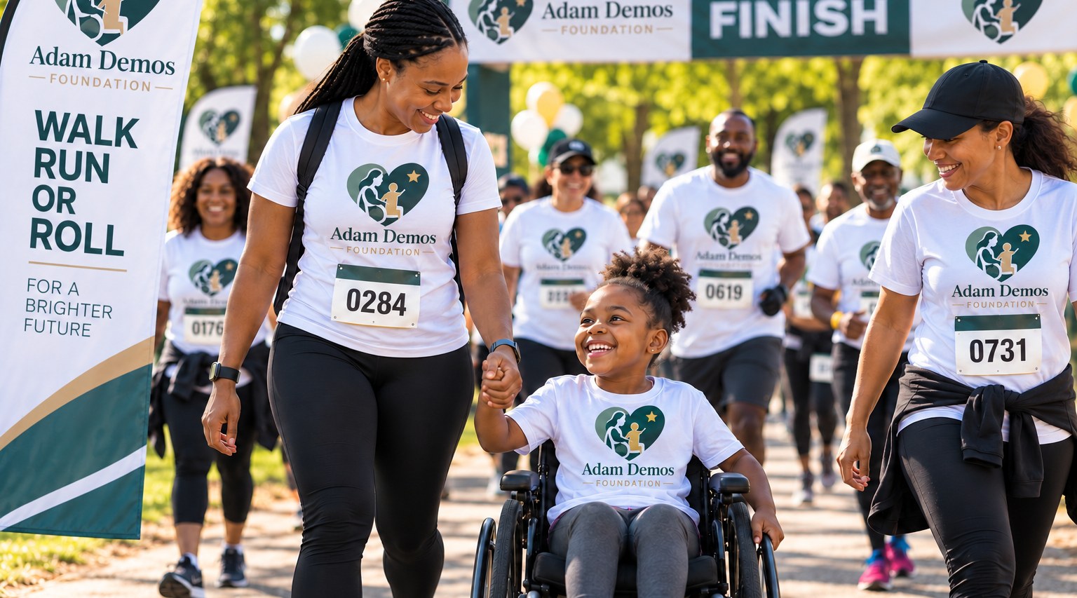 Participants walking and rolling together at an Adam Demos Foundation charity run, including a girl in a wheelchair.