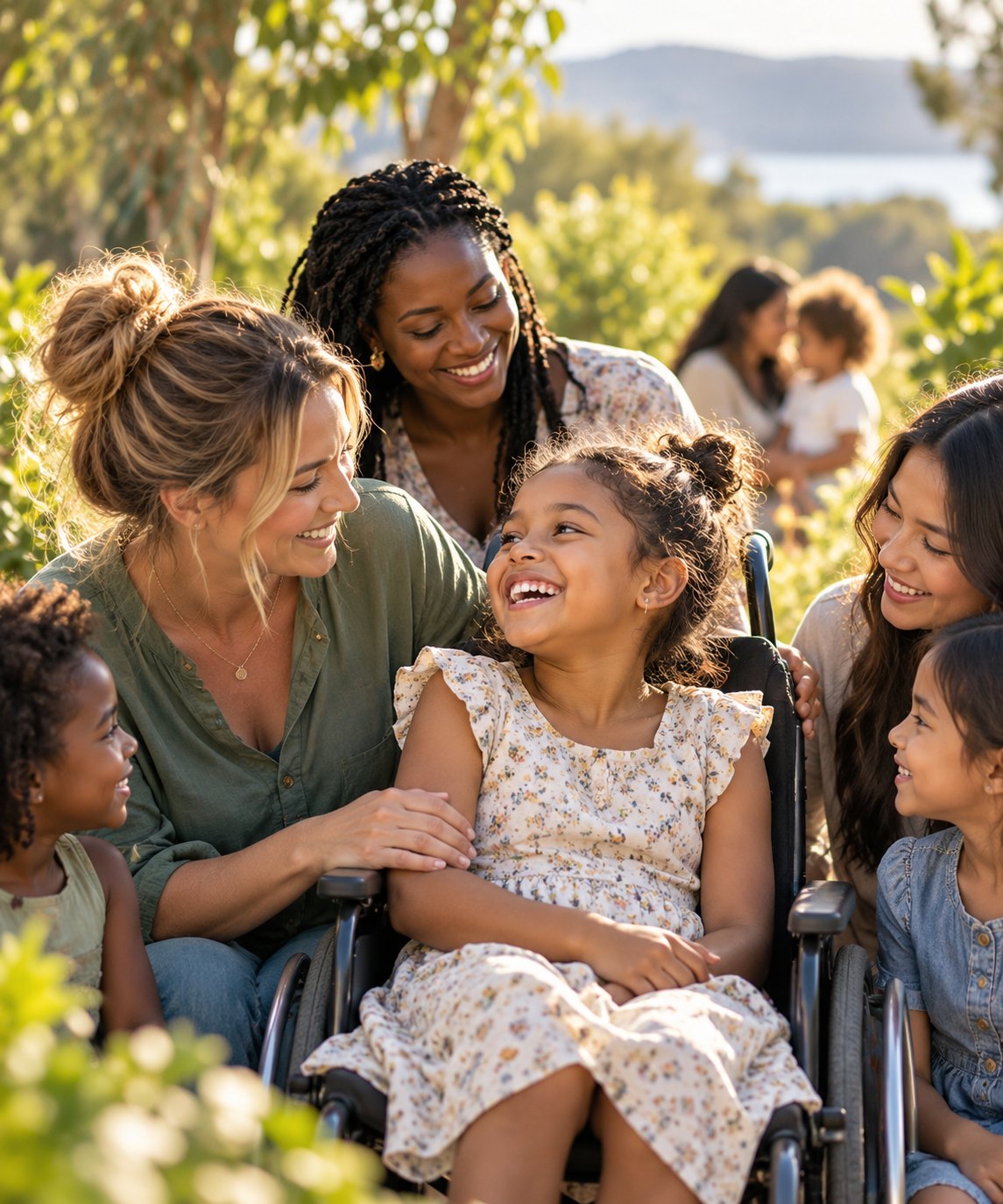 A multigenerational group of women and girls smiling together outdoors, including a girl using a wheelchair.