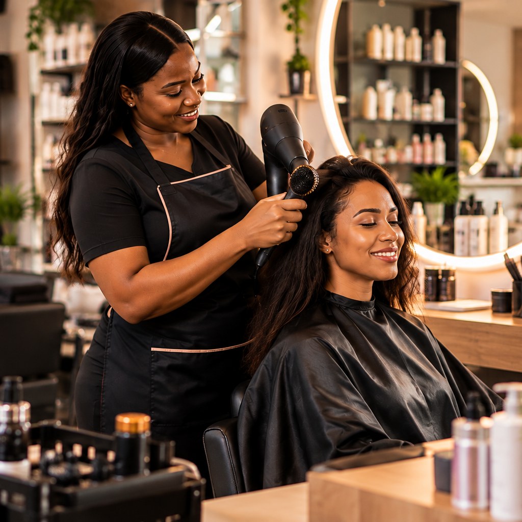 A hairstylist styling a smiling client's hair in a salon.