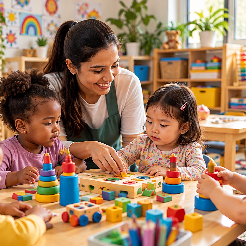 A childcare worker helping young children with an educational puzzle activity in a bright classroom.