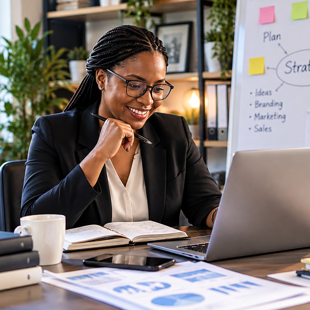A businesswoman smiling while reviewing strategy notes at her laptop in an office.