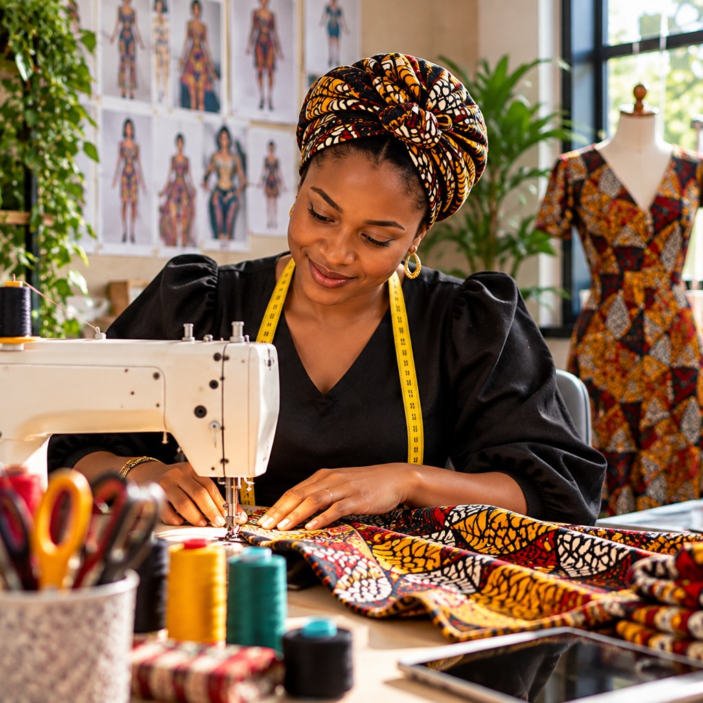A tailor sewing patterned fabric on a machine in her studio, surrounded by fabric rolls and design sketches.