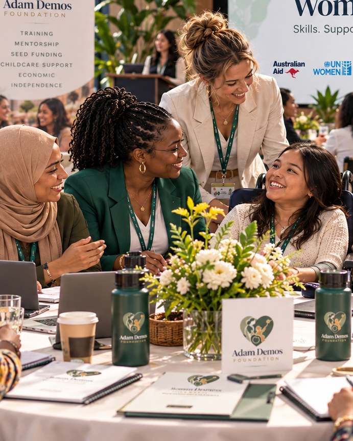 Women in Business programme attendees at a conference, including a participant using a wheelchair, gathered around a table with Adam Demos Foundation branding.