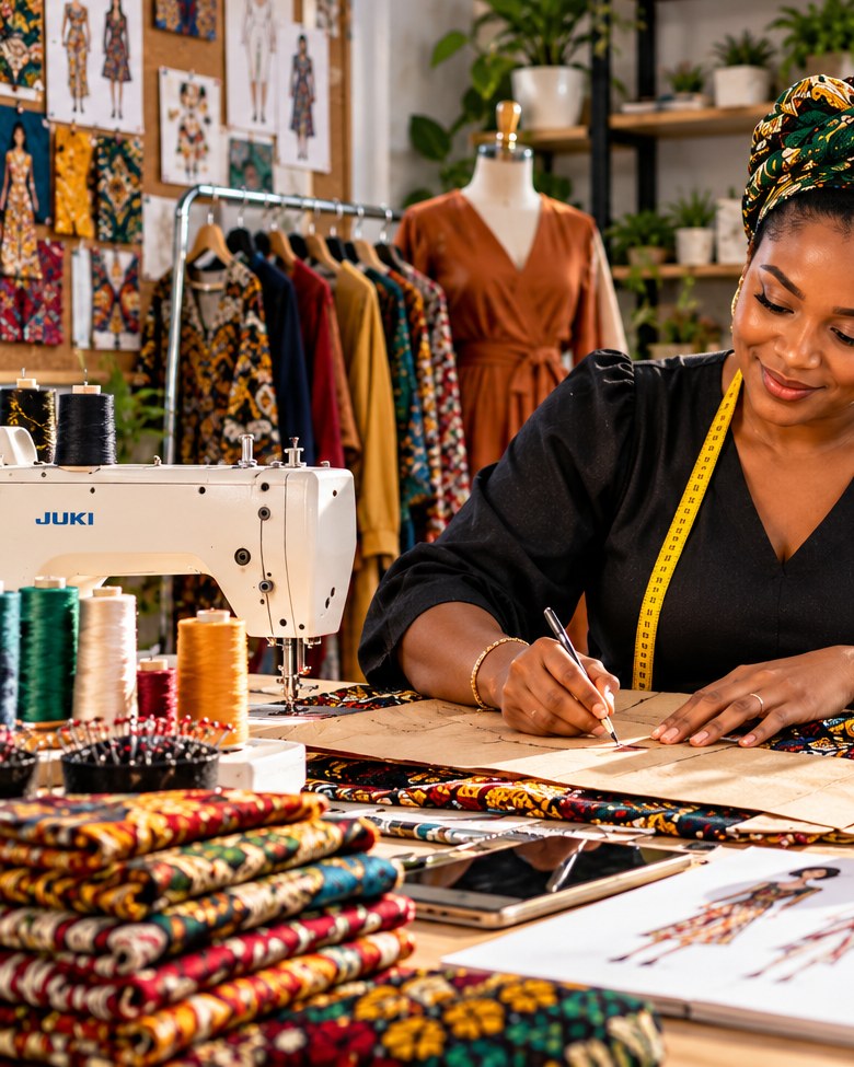A seamstress and small-business owner sketching a pattern in her studio, with Women in Business programme branding and support icons visible behind her.